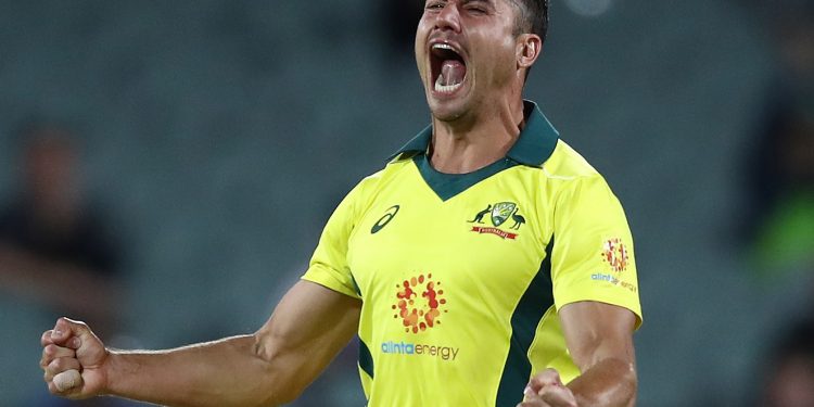 Marcus Stoinis is pumped up after dismissing a South African batsman at Adelaide, Friday