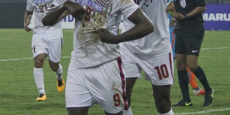 Aser Dipanda Dicka (in front) celebrates with Henry Kisekka after scoring his second against Indian Arrows at the Barabati Stadium, Saturday    