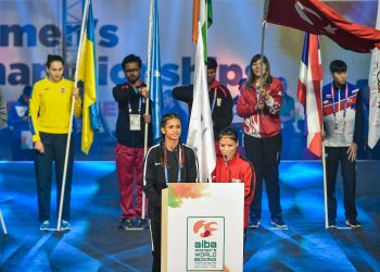 India’s flagbearer MC Mary Kom addresses during the opening ceremony women’s boxing WC at IG Stadium in New Delhi, Wednesday