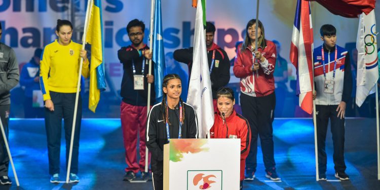 India’s flagbearer MC Mary Kom addresses during the opening ceremony women’s boxing WC at IG Stadium in New Delhi, Wednesday