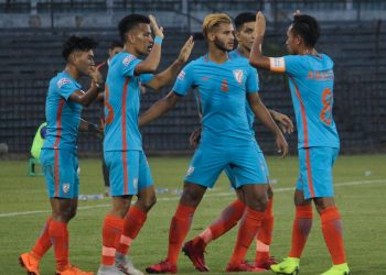 Indian Arrows players celebrate after Ashish Rai’s (2nd from L) goal against Shillong Lajong at Cuttack, Monday