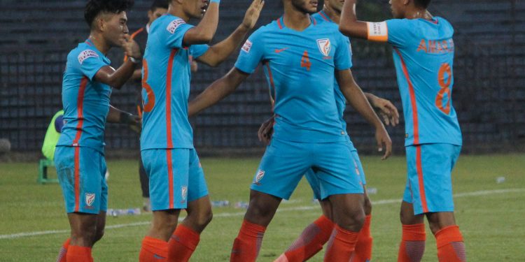 Indian Arrows players celebrate after Ashish Rai’s (2nd from L) goal against Shillong Lajong at Cuttack, Monday