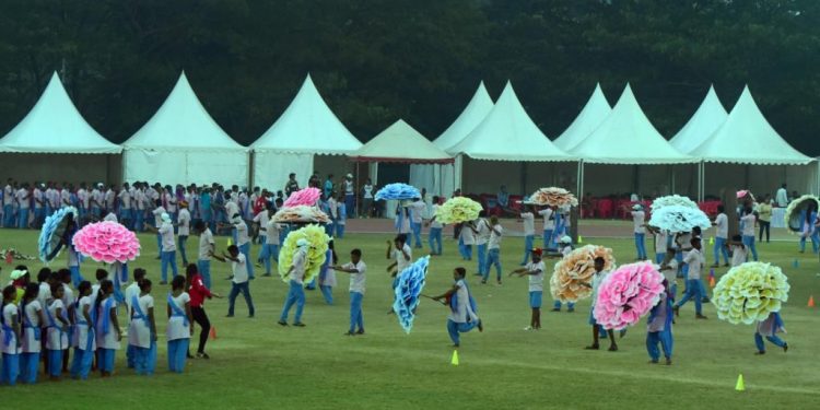 KISS students rehearse with the props for the opening ceremony of men’s hockey World Cup at Kalinga Stadium, Wednesday    