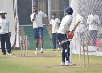 Odisha’s Basant Mohanty bowls at the nets at KIIT Stadium, Sunday