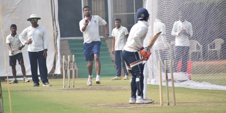 Odisha’s Basant Mohanty bowls at the nets at KIIT Stadium, Sunday