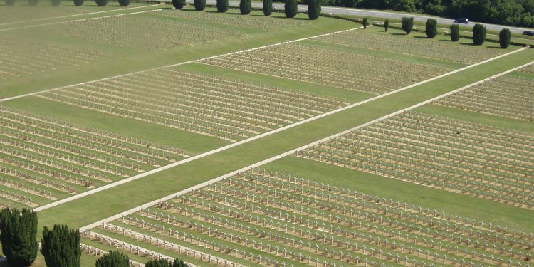 Douaumont French military cemetery seen from Douaumont ossuary, which contains remains of French and German soldiers who died during the Battle of Verdu