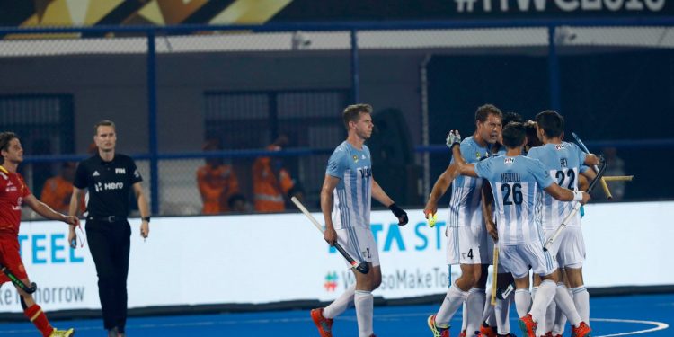 Argentina players celebrate after scoring again Spain at the Kalinga Stadium, Thursday