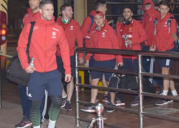 Mark Gleghorne (in front) along with his England teammates come out of BPIA, Friday midnight