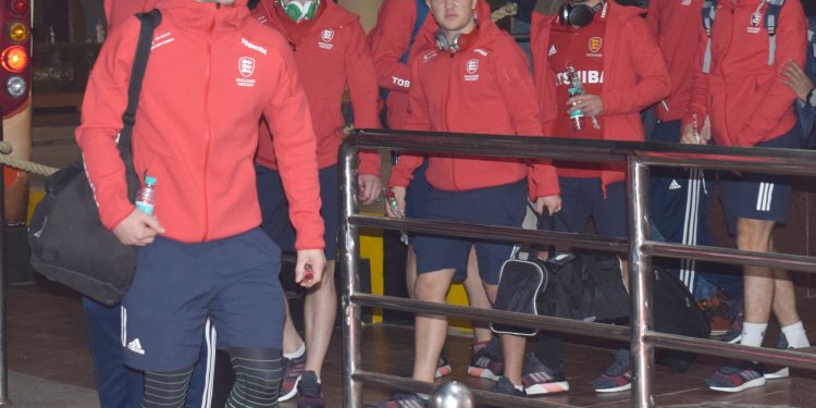 Mark Gleghorne (in front) along with his England teammates come out of BPIA, Friday midnight
