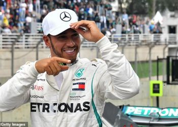 Lewis Hamilton gestures after grabbing the pole position in Sao Paulo, Saturday