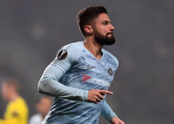 Olivier Giroud wheels away in celebration after scoring for Chelsea against BATE Borisov, Thursday, to end his 11-game goal drought this season