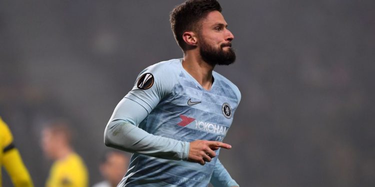 Olivier Giroud wheels away in celebration after scoring for Chelsea against BATE Borisov, Thursday, to end his 11-game goal drought this season
