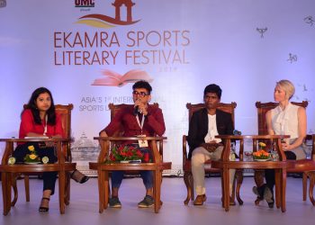 (From L toR): Moderator Suprita Das, Gopi Shankar, Santhi Soundarajan and Madeline Pape take part in a group discussion at ESLF in Bhubaneswar, Friday  