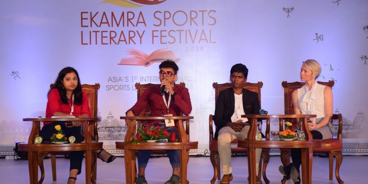 (From L toR): Moderator Suprita Das, Gopi Shankar, Santhi Soundarajan and Madeline Pape take part in a group discussion at ESLF in Bhubaneswar, Friday  