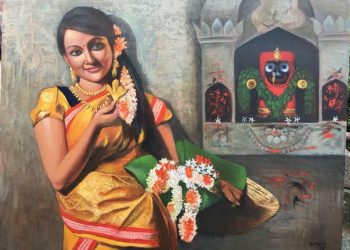 Sai Kalyani’s painting of a woman offering flowers to Lord Jagannath at the fourth edition of India Art Festival