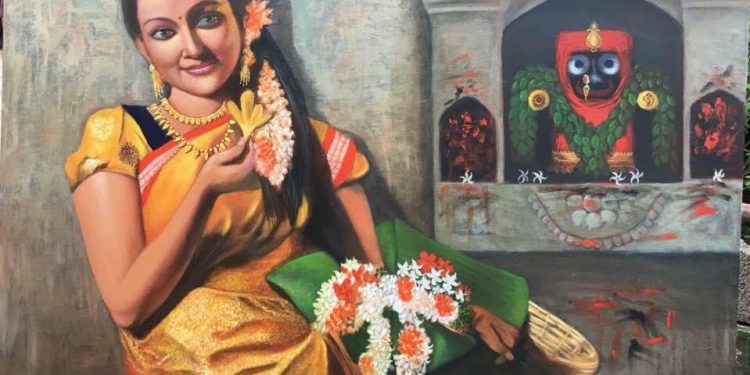 Sai Kalyani’s painting of a woman offering flowers to Lord Jagannath at the fourth edition of India Art Festival