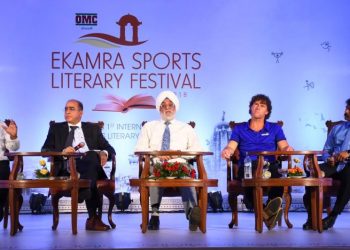 (From L to R) Dilip Tirkey speaks as moderator Jitendra Nath Misra, Ajit Pal Singh, Brent Livermore and Dhanraj Pillay look on at ESLF in Bhubaneswar, Friday