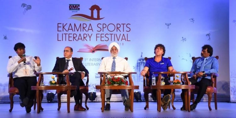 (From L to R) Dilip Tirkey speaks as moderator Jitendra Nath Misra, Ajit Pal Singh, Brent Livermore and Dhanraj Pillay look on at ESLF in Bhubaneswar, Friday