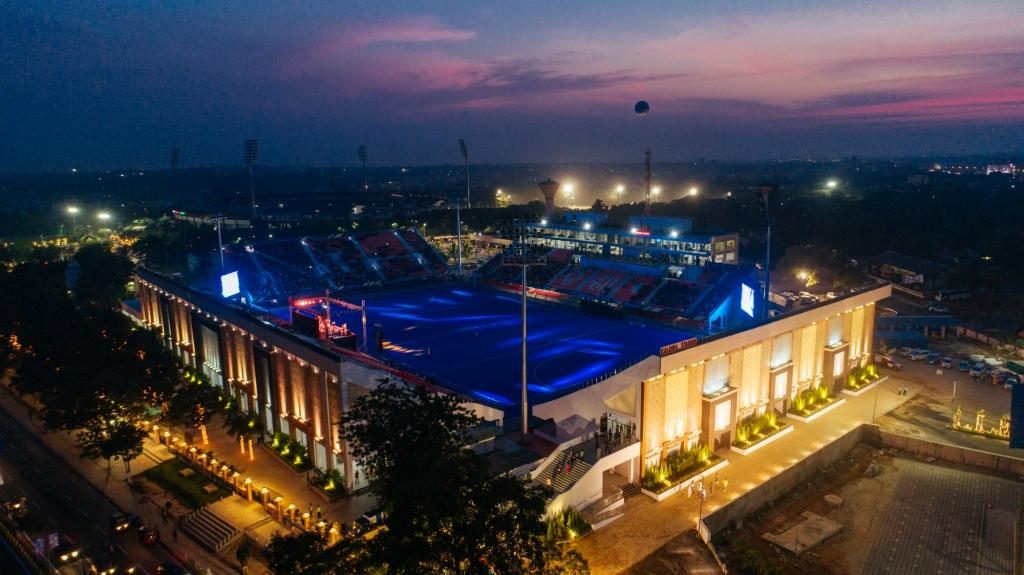An ariel view of the floodlit Kalinga Stadium in Bhubaneswar 