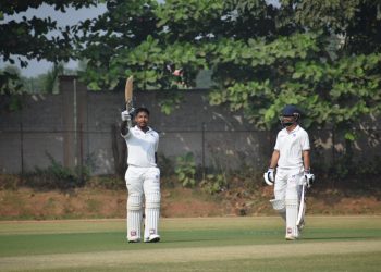 UP skipper Akshdeep Nath celebrates his century against Odisha at the KIIT Stadium in Bhubaneswar, Tuesday