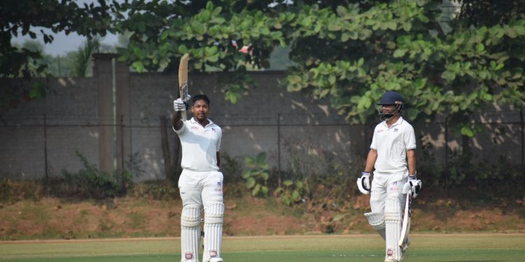 UP skipper Akshdeep Nath celebrates his century against Odisha at the KIIT Stadium in Bhubaneswar, Tuesday