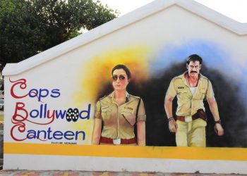 Life size paintings of Bollywood’s iconic cops adorn this open air canteen