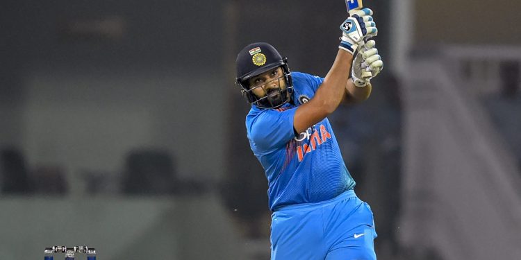 Rohit Sharma hits a six against West Indies in Lucknow