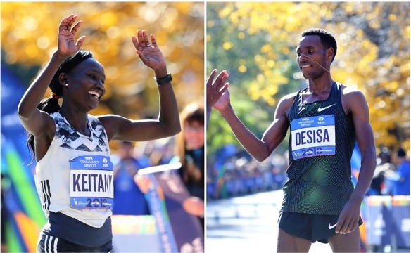 Mary Keitany(L) of Ethiopia and Lelisa Desisa of Ethiopia have won the New York City Marathon