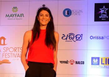 Stephanie Rice poses for a photograph at Ekamra Sports Literary Festival in Bhubaneswar, Friday  