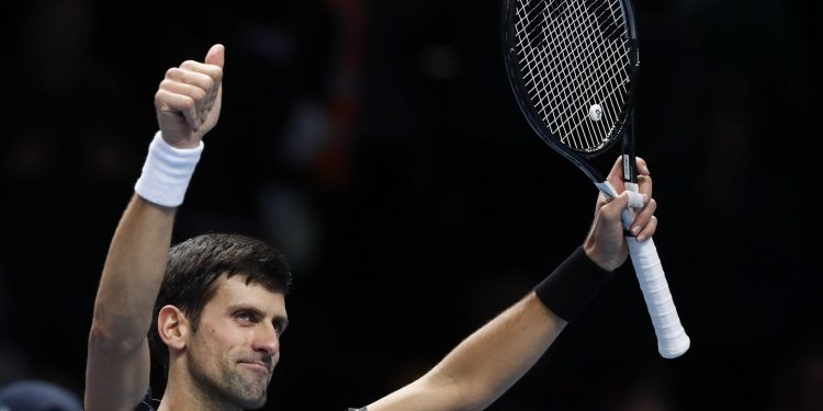 Novak Djokovic celebrates after defeating Alexander Zverev in London, Wednesday
