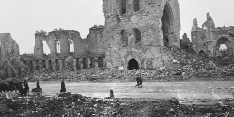 The ruins of the cloth hall and cathedral in Ypres during WWI