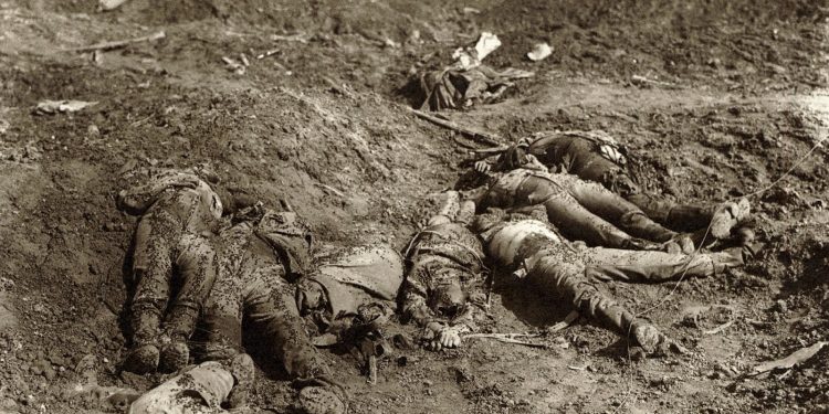 War casualties on the battlefield after a charge by the Canadians, ca. 1918