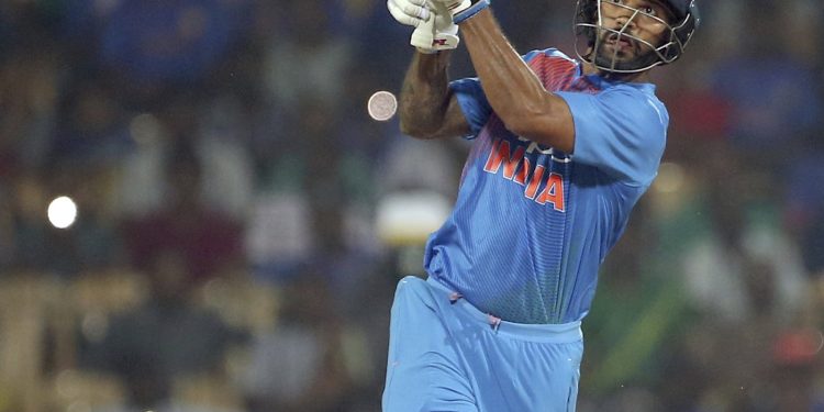 Shikhar Dhawan hits a six against West Indies in Chennai