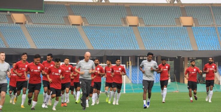 Indian players warm-up during their training session ahead of their match against Jordan, Saturday