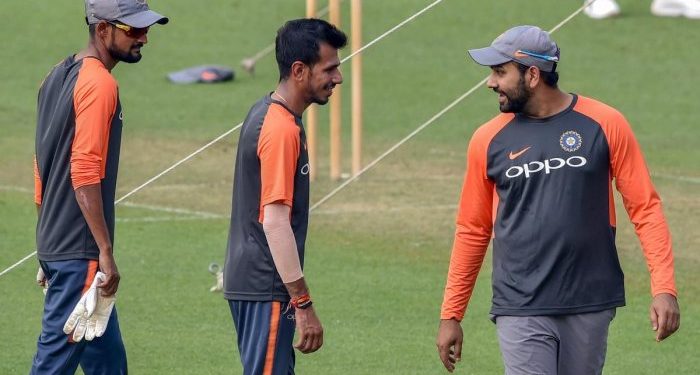 Rohit Sharma (R), Yuzvendra Chahal (C) and Shahbaz Nadeem share a thought during India’s training session at Chennai, Saturday