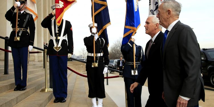 Defense Secretary Jim Mattis welcomes Vice President Mike Pence to the Pentagon, Wednesday, Dec. 19, 2018. (AP)