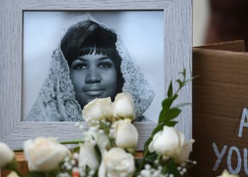 A photograph of American soul legend Aretha Franklin displayed after her death in August 2018, aged 76 (AFP)