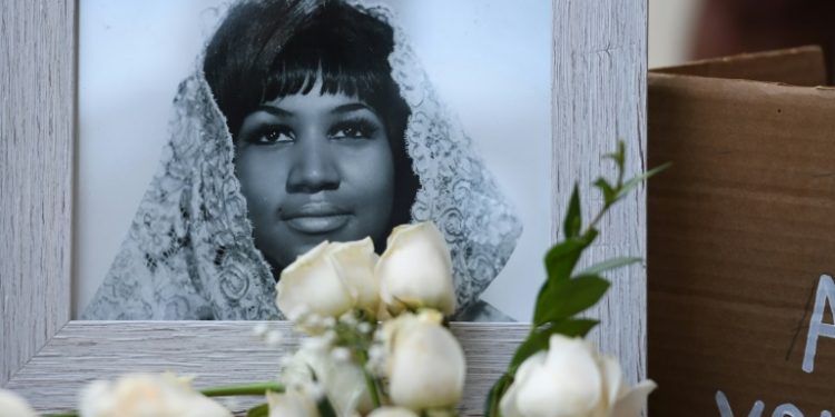 A photograph of American soul legend Aretha Franklin displayed after her death in August 2018, aged 76 (AFP)