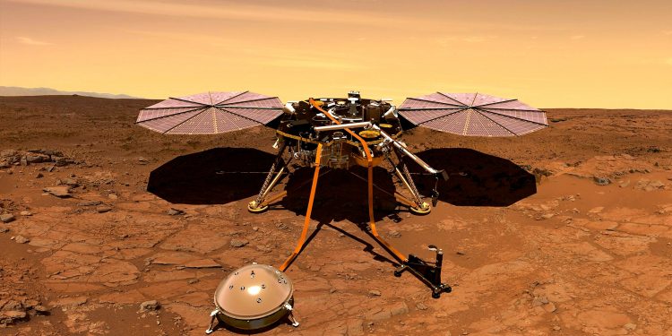 An artist's interpretation of the InSight lander operating on the Martian surface.
(NASA)