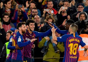 (From L): Lionel Messi, Carles Alena, Ousmane Dembele and Jordi Alba celebrate Barcelona’s second goal against Vilarreal at Camp Nou, Sunday