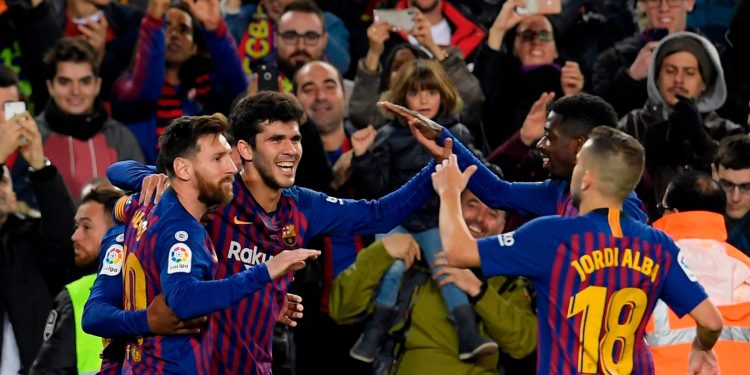 (From L): Lionel Messi, Carles Alena, Ousmane Dembele and Jordi Alba celebrate Barcelona’s second goal against Vilarreal at Camp Nou, Sunday