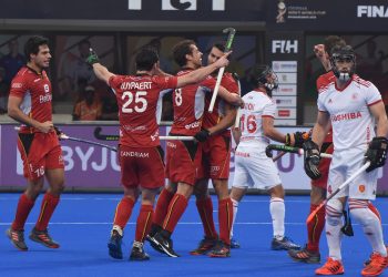 Belgium players celebrate one of their goals against England at the Kalinga Stadium