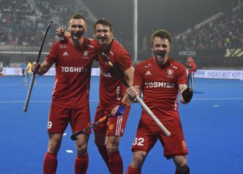 English players celebrate after their victory against New Zealand at Kalinga Stadium, Monday 