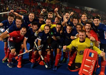 France players pose for a group photograph after their victory over Argentina at Kalinga Stadium, Thursday 