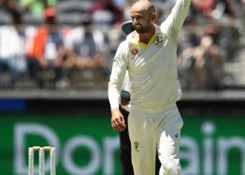 Nathan Lyon celebrates after taking the wicket of Rishabh Pant at Perth Stadium