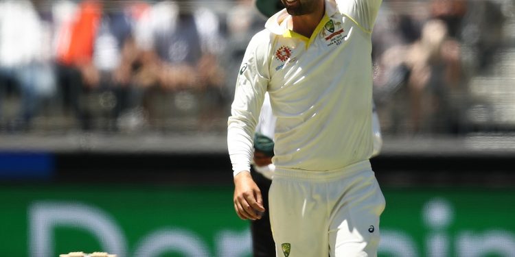 Nathan Lyon celebrates after taking the wicket of Rishabh Pant at Perth Stadium