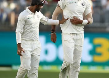 Ishant Sharma reacts after taking an Australian wicket as Ajinkya Rahane congratulates him at Perth, Friday