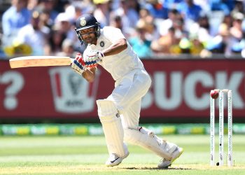 Mayank Agarwal watches the ball after playing it on leg side during his innings against Australia at MCG, Wednesday