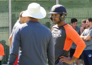 Mayank Agarwal speaks with an Indian coaching staff during the team’s training session at MCG