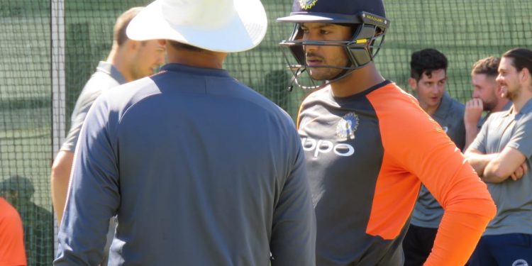Mayank Agarwal speaks with an Indian coaching staff during the team’s training session at MCG